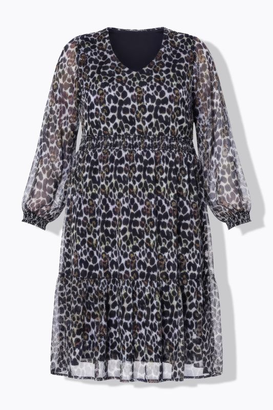 Robe midi doublée, motif léopard et volant à la base, coupe évasée