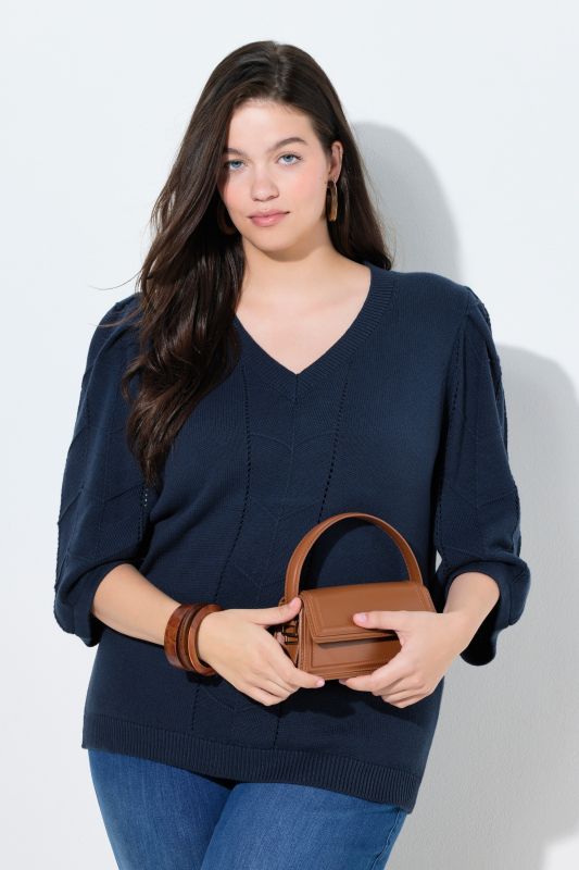 Pull en coton bio, maille ajourée, col en V et manches 3/4