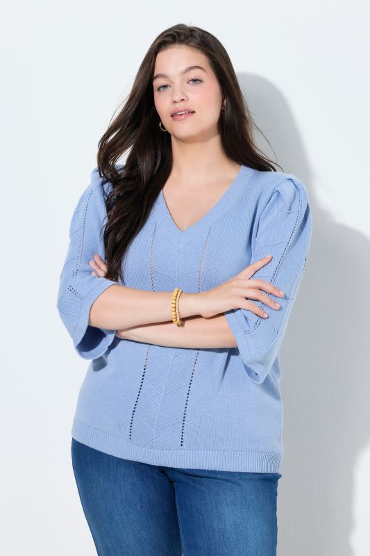 Pull en coton bio, maille ajourée, col en V et manches 3/4