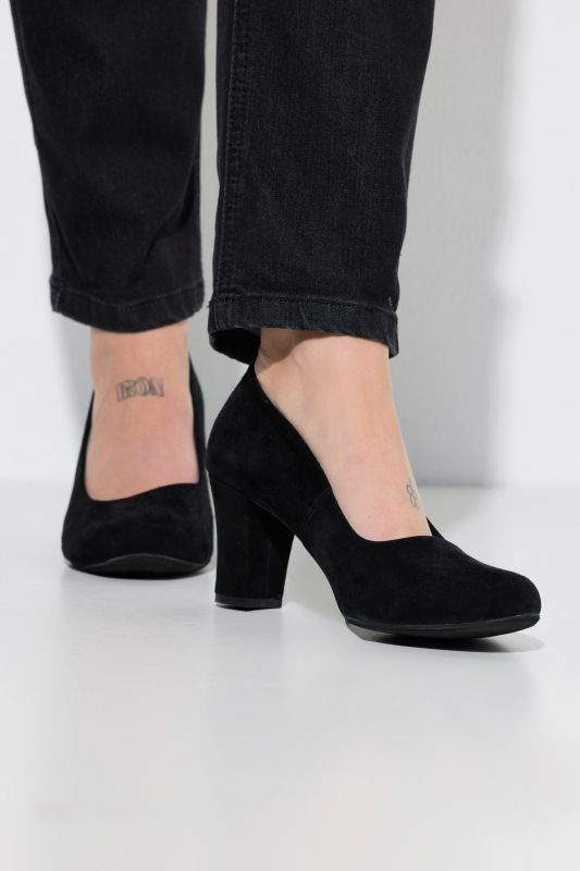 Escarpins en cuir suédé, découpe en vague et talon bottier - largeur H