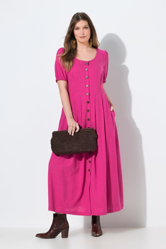 Robe maxi en lin mélangé, décolleté rond et manches courtes, empiècements smokés