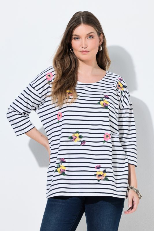 T-shirt oversize à rayures, broderies, col rond et manches 3/4