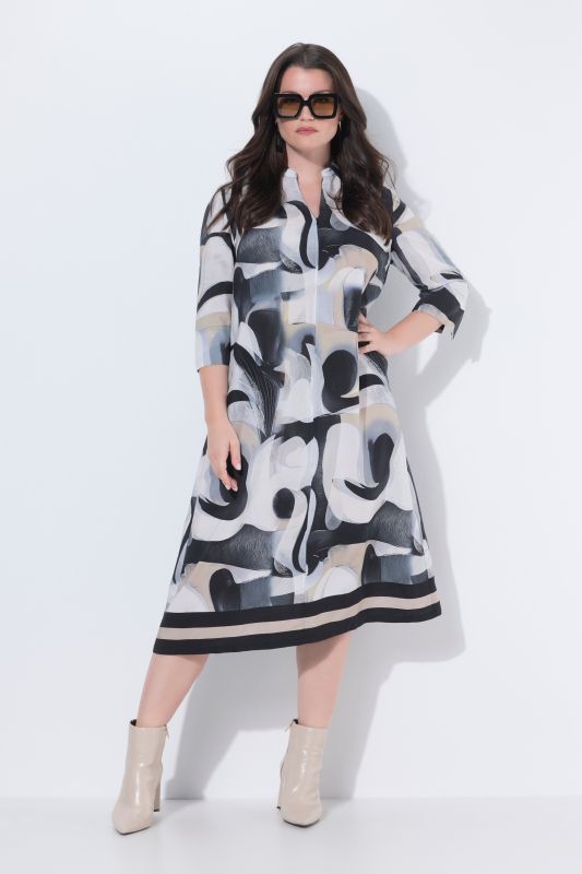 Robe maxi en Lyocell, motif graphique, coupe évasée, col chemise et manches 3/4