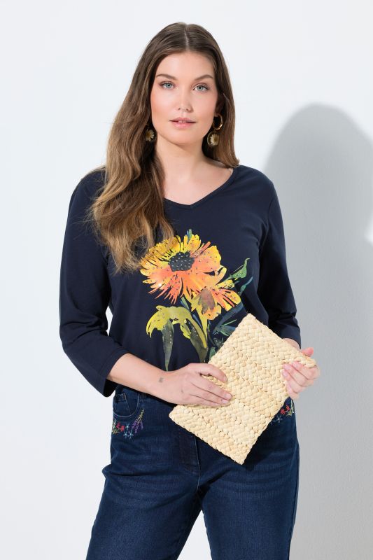 T-shirt avec motif soleil, décolleté en V et manches 3/4, coupe évasée