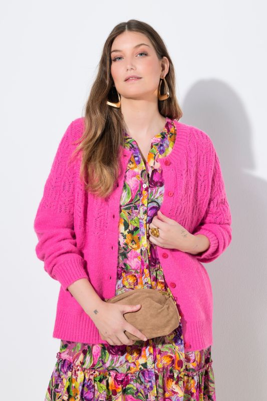 Cardigan col rond et manches longues, maille ajourée