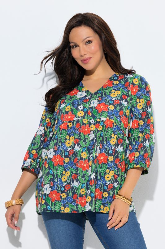 Blouse motif à fleurs, rayures scintillantes, décolleté en V et manches 3/4, coupe évasée