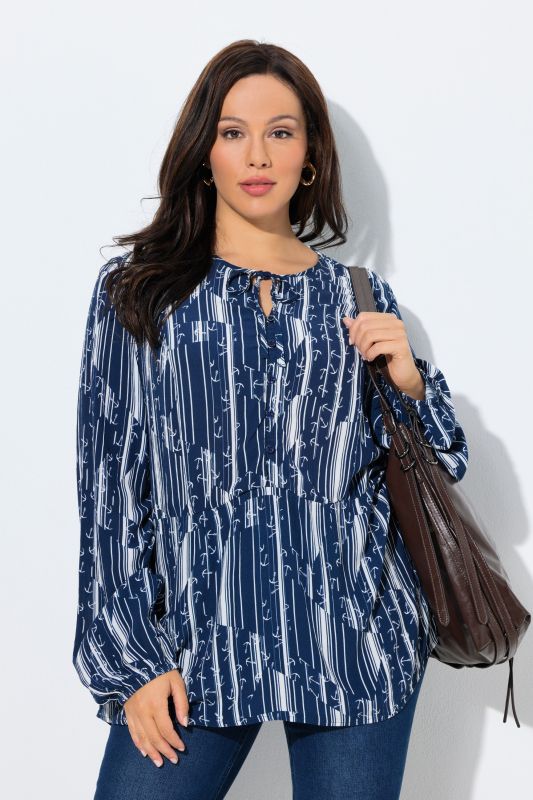 Blouse motif ancres, col rond et manches longues, coupe évasée