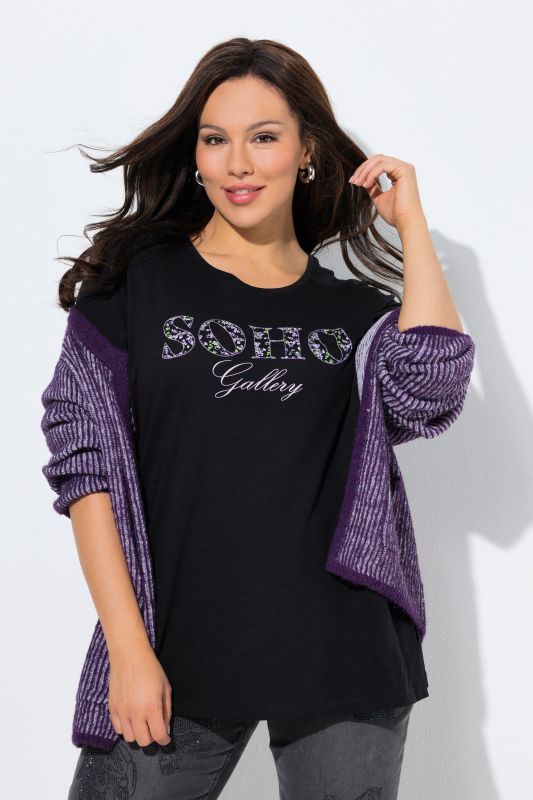 T-shirt avec message, col rond et manches courtes cloche, coupe évasée