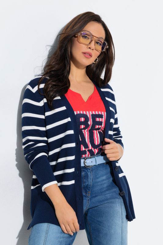 Cardigan rayé, encolure en V et manches longues