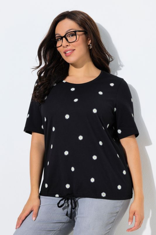 T-shirt à fleurs, cordon sous tunnel, col rond et manches courtes, coupe Classic Fit