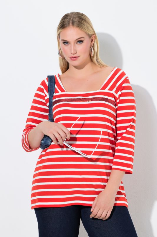 T-shirt rayé avec sequins, encolure carrée et manches 3/4