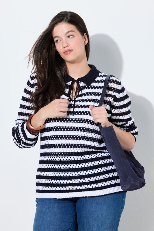 Pull esprit polo en coton bio, maille ajourée et motif à rayures, manches longues