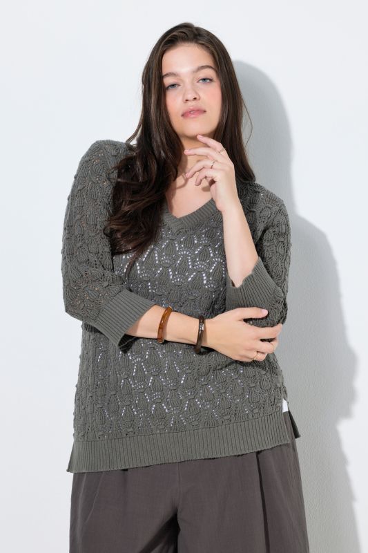 Pull en coton bio, maille épaisse avec motif, col en V et manches 3/4