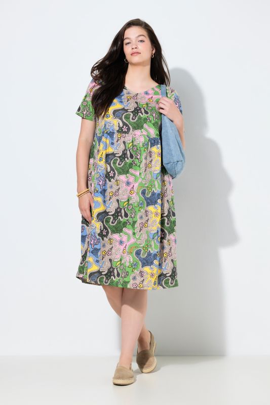 Robe midi à fleurs en coton bio, décolleté rond et manches courtes