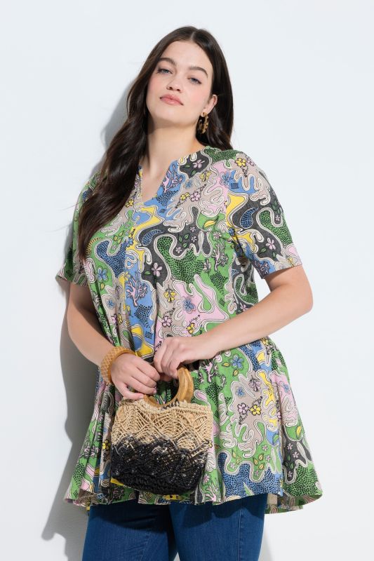 T-shirt en coton bio, manches courtes et encolure esprit tunique, coupe évasée