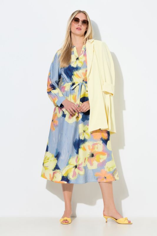 Robe maxi à fleurs, col tunisien et manches longues, coupe évasée