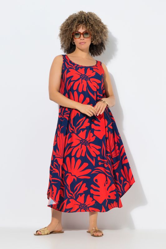 Robe midi sans manches, motif coraux, décolleté rond et coupe évasée