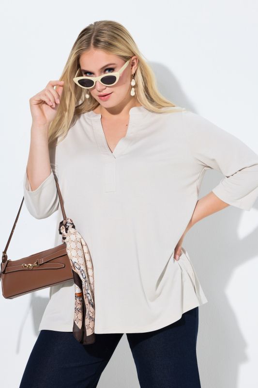 T-shirt tunique, coupe évasée, col tunisien et manches 3/4