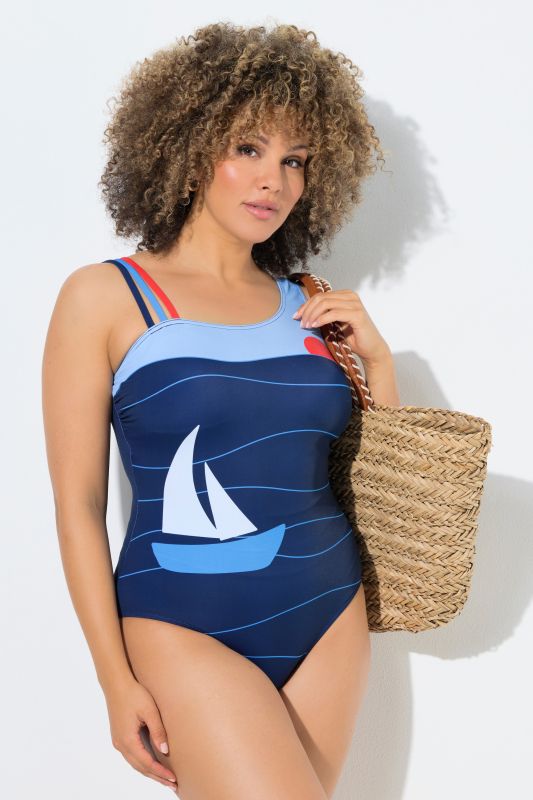 Maillot de bain avec bonnets souples, motif bateau à voile et décolleté rond, matière recyclée