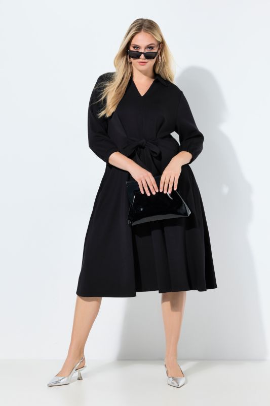 Robe en molleton de modal mélangé, col chemise et manches 3/4, coupe évasée