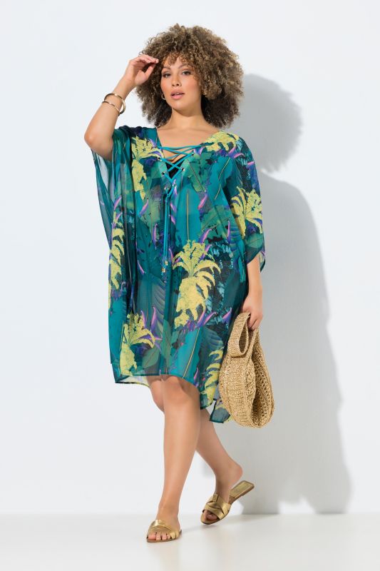 Tunique motif jungle, décolleté en V avec laçage et manches courtes