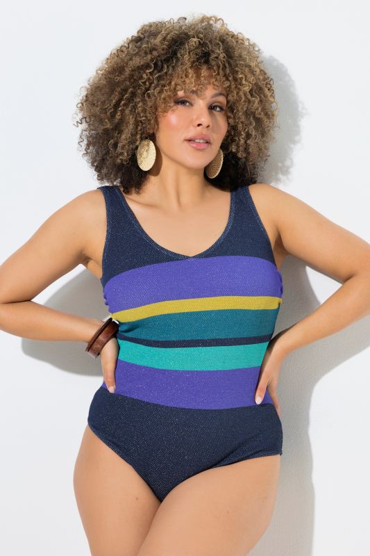 Maillot de bain sans bonnets souples, décolleté rond et motif à larges rayures