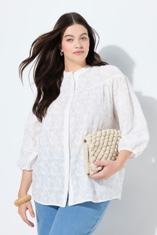 Chemisier en coton bio avec broderies, décolleté rond et manches 3/4