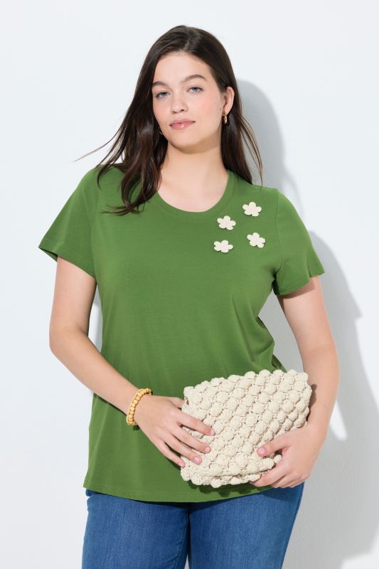 T-shirt en coton bio, fleurs en crochet, décolleté rond et manches courtes