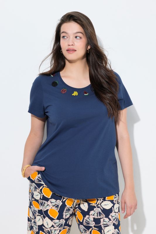 T-shirt en coton bio, fruits en perles fantaisie, décolleté rond et manches courtes