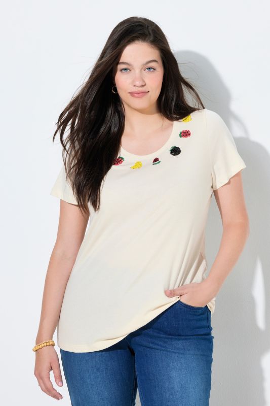 T-shirt en coton bio, fruits en perles fantaisie, décolleté rond et manches courtes