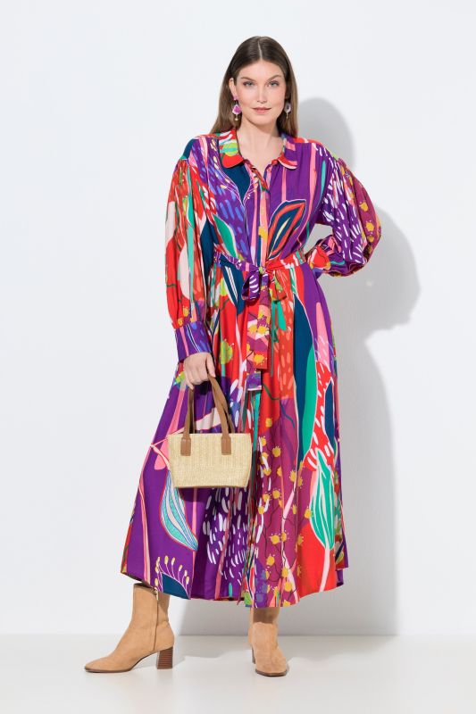 Robe maxi imprimé champêtre, col chemise et manches longues ballon