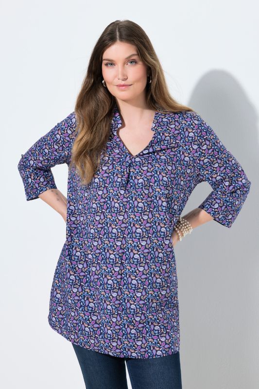 T-shirt motif cachemire, col en V et manches 3/4