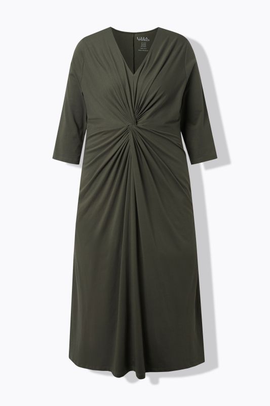 Robe maxi coupe évasée, drapé, décolleté en V et manches 3/4