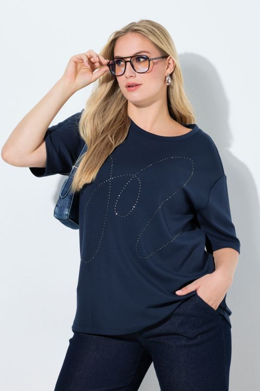 Sweat-shirt en modal mélangé, strass fantaisie, col rond et manches courtes