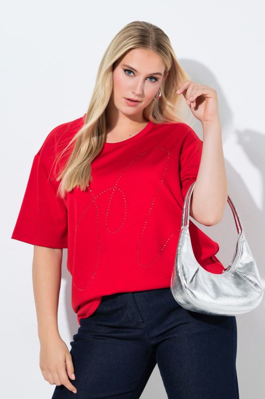 Sweat-shirt en modal mélangé, strass fantaisie, col rond et manches courtes