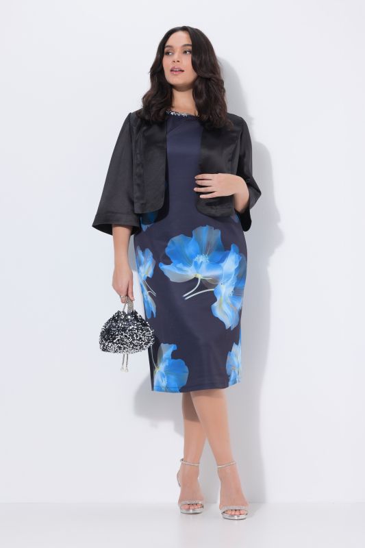 Robe midi sans manches, tissu scuba motif floral, encolure bateau et coupe évasée