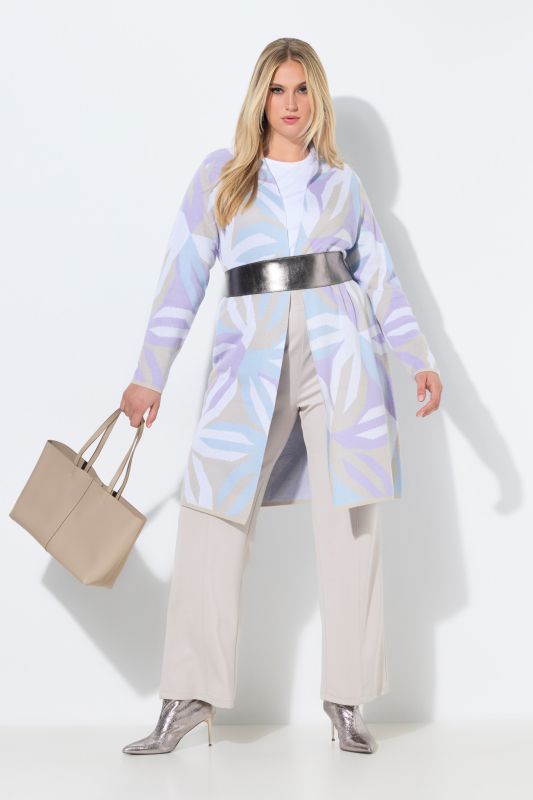 Cardigan long motif graphique, col montant et manches longues