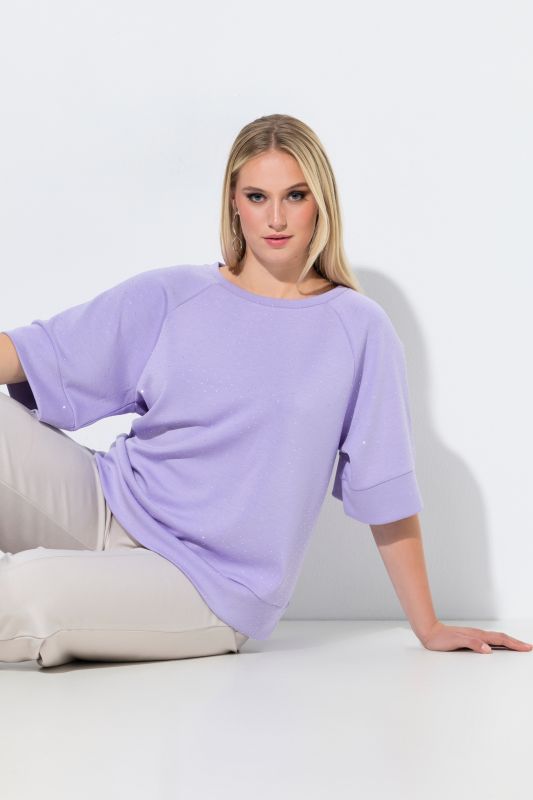 Sweat-shirt en modal mélangé, strass fantaisie, col rond et manches courtes