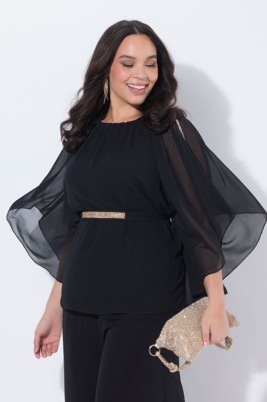 Blouse avec petites pierres scintillants, encolure bateau et manches chauve-souris