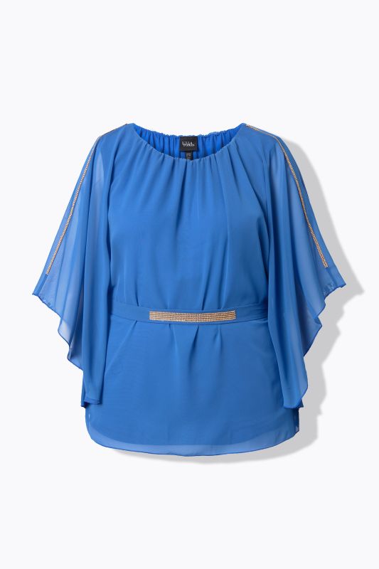 Blouse avec petites pierres scintillants, encolure bateau et manches chauve-souris
