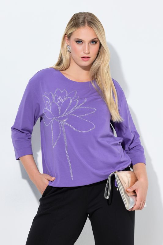 T-shirt col rond et manches 3/4, cordon de serrage à la base et strass fantaisie