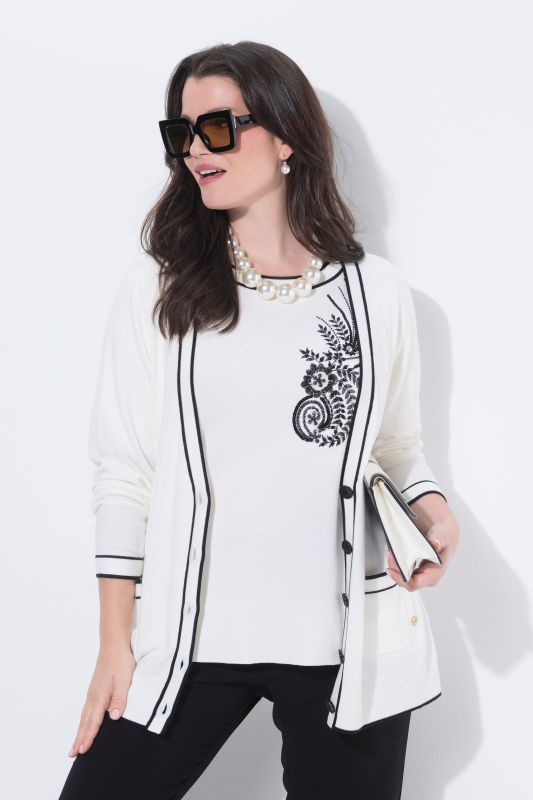 Cardigan long, liserés contrastants, encolure en V et manches longues