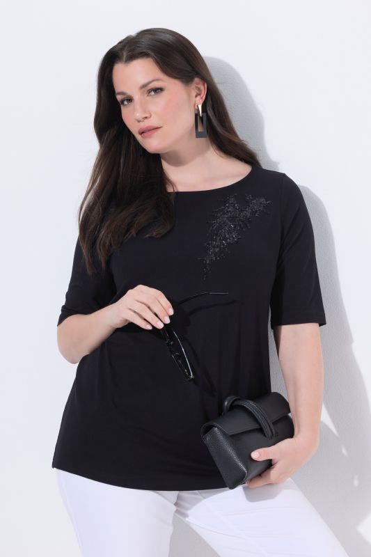 T-shirt manches courtes et encolure bateau, motif fantaisie en petits sequins