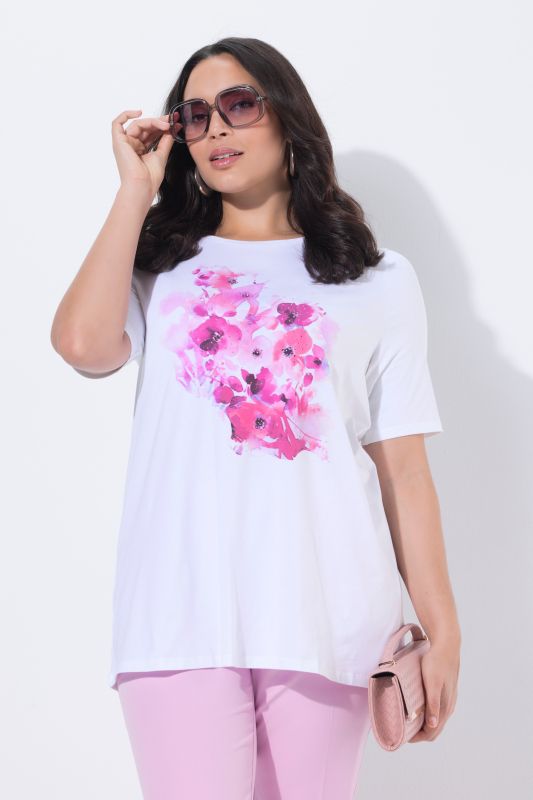 T-shirt en coton Pima, motif à fleurs, col rond et manches courtes, coupe évasée