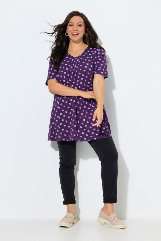 T-shirt avec plis fantaisie, coupe évasée, col en V et manches courtes