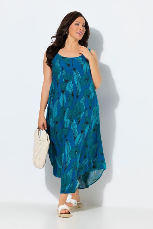 Robe midi motif arums, coupe évasée sans manches, décolleté rond