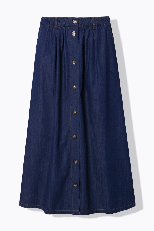 Jupe en jean, coupe évasée. Taille élastique. Boutons fantaisie
