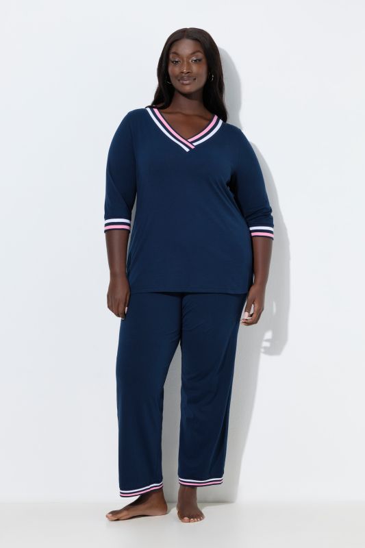 Pyjama à col V et manches 3/4, rayures décoratives