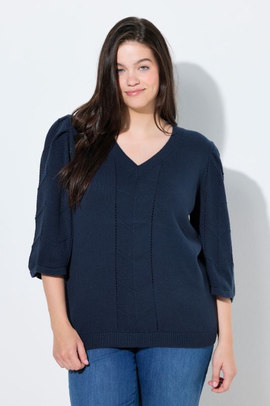 Pull en coton bio, maille ajourée, col en V et manches 3/4