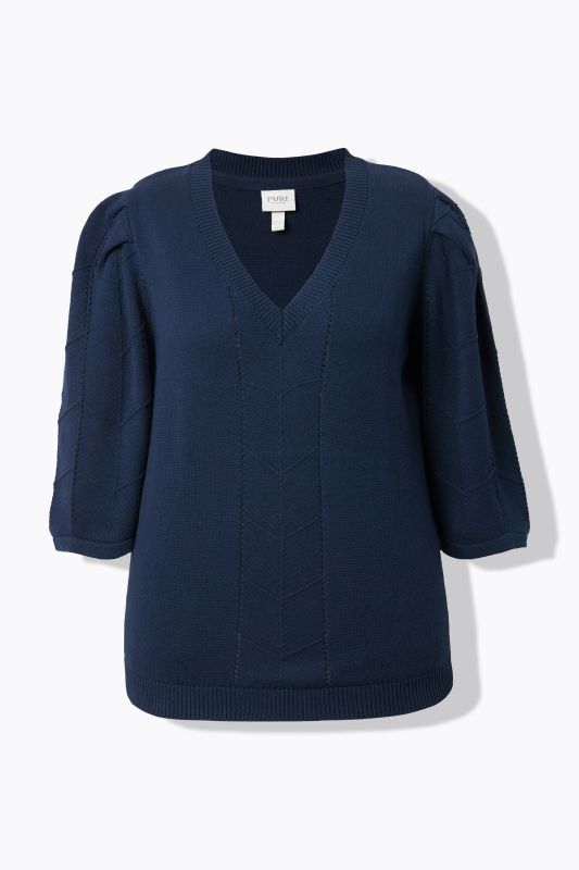 Pull en coton bio, maille ajourée, col en V et manches 3/4